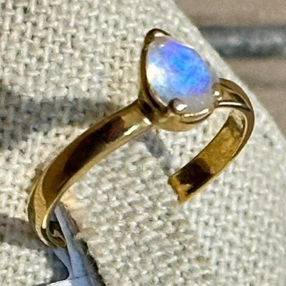 Rainbow Moonstone Teardrop-Open Wrap Ring – Gold Vermeil – Size 6