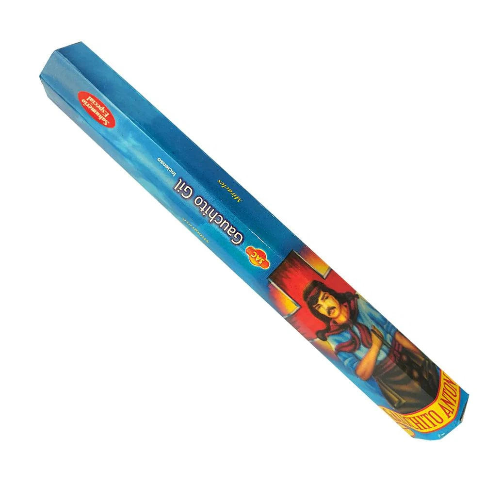 Blue cylindrical product with colorful design and text on a white background