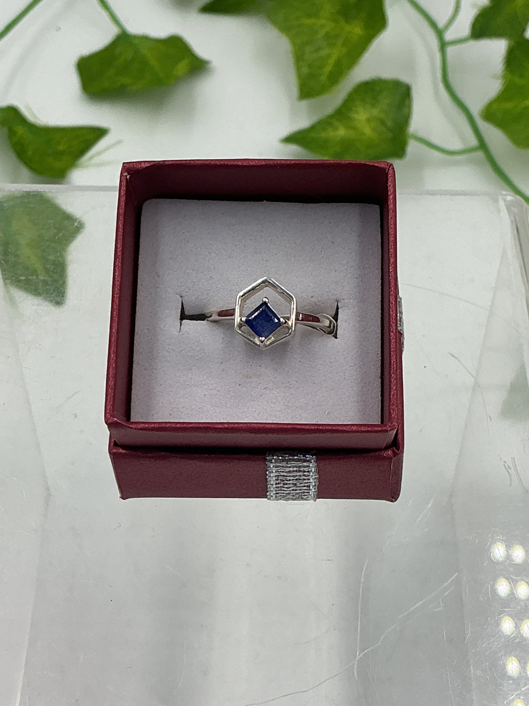 Geometric Hexagon Sapphire Sterling Silver Ring – Faceted Genuine Sapphire 925 Silver Ring – Size 6