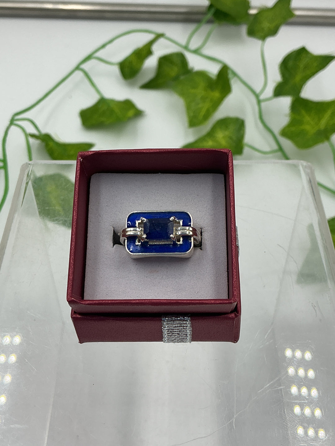 Art Deco Sapphire Sterling Silver Statement Ring – Faceted Genuine Sapphire 925 Silver Ring – Size 7