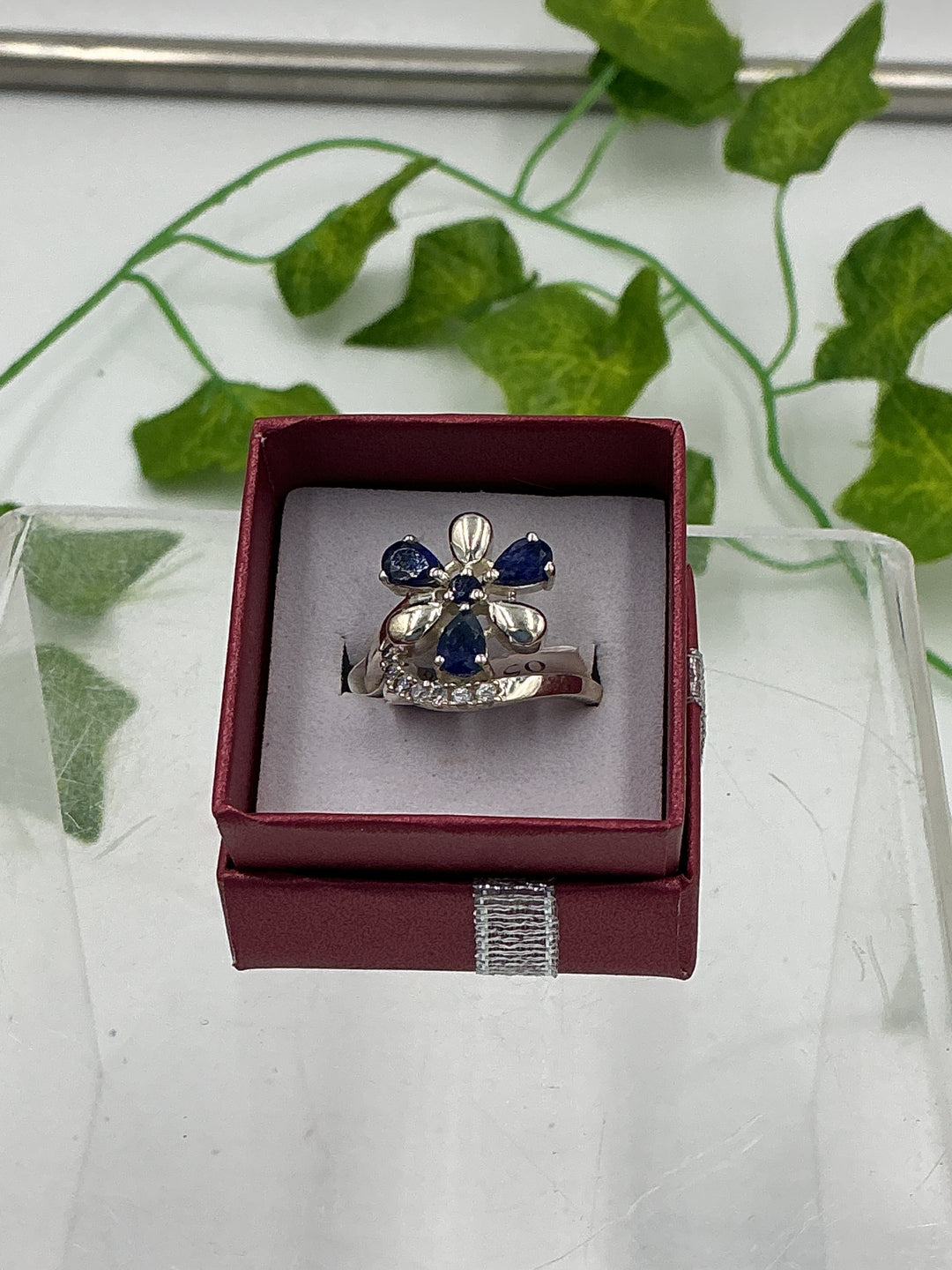 Floral Sapphire Sterling Silver Ring – Faceted Blue Sapphire Flower Ring with CZ Accents – 925 Silver Size 8