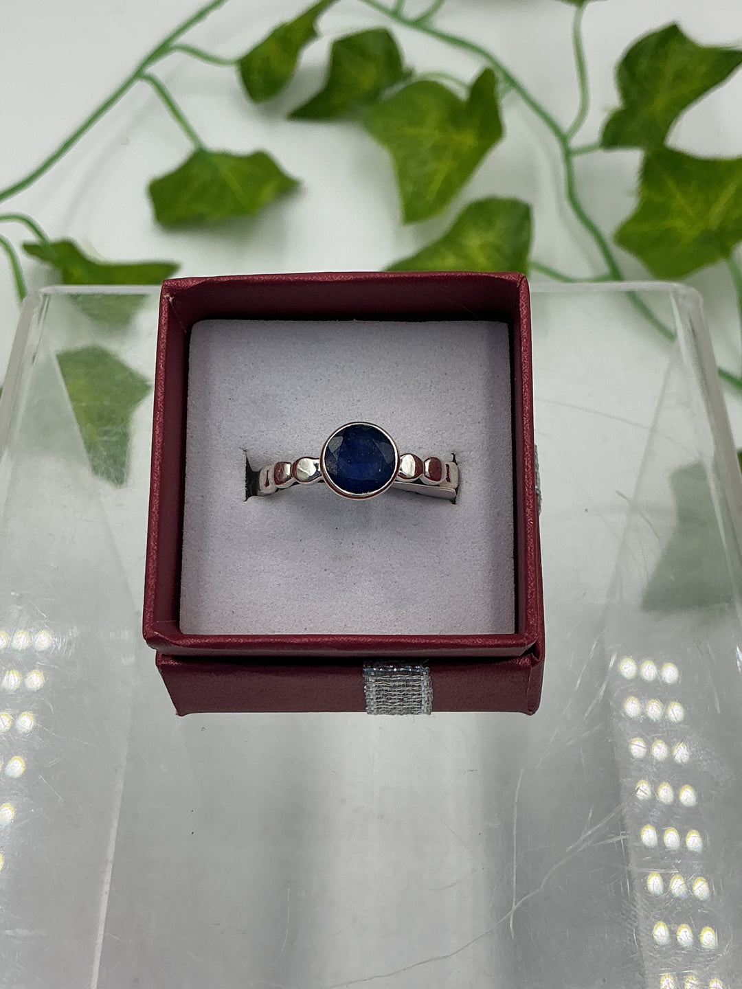 Faceted Sapphire Beaded Band Sterling Silver Ring – Genuine Blue Sapphire Bezel Ring – Size 9