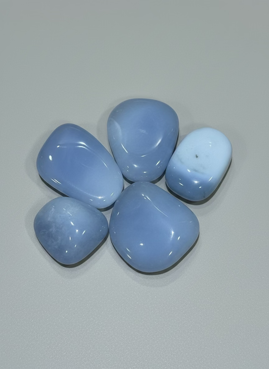 Five blue stones on a brown surface with a ruler for scale.