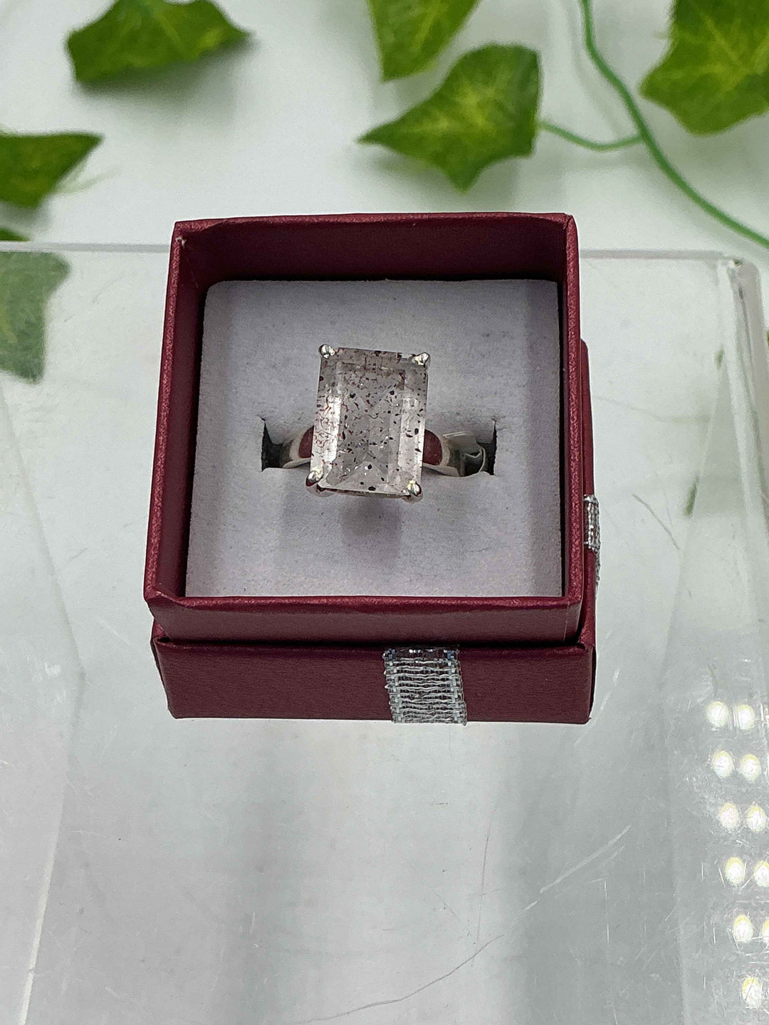 Natural Super 7 (Melody Stone) Emerald Cut Sterling Silver Ring – Size 6 | Genuine Crystal Jewelry