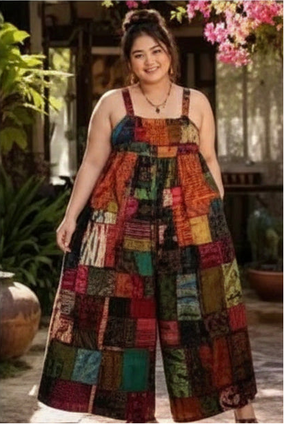 Cotton Patchwork Wide Leg Jumpsuit 3XL