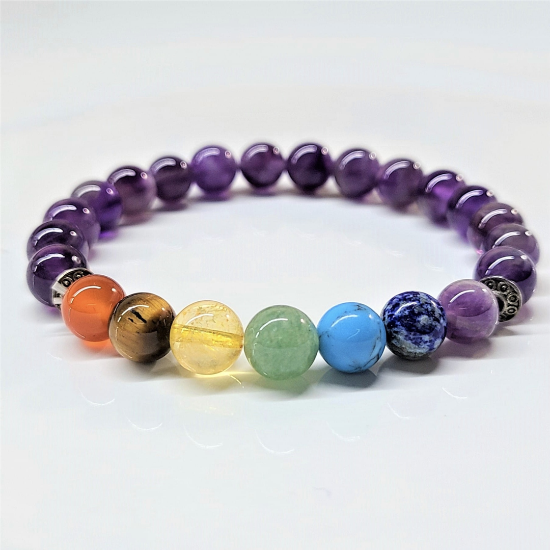 Amethyst Chakra Bracelet with round multicolored beads symbolizing energy centers and spiritual balance