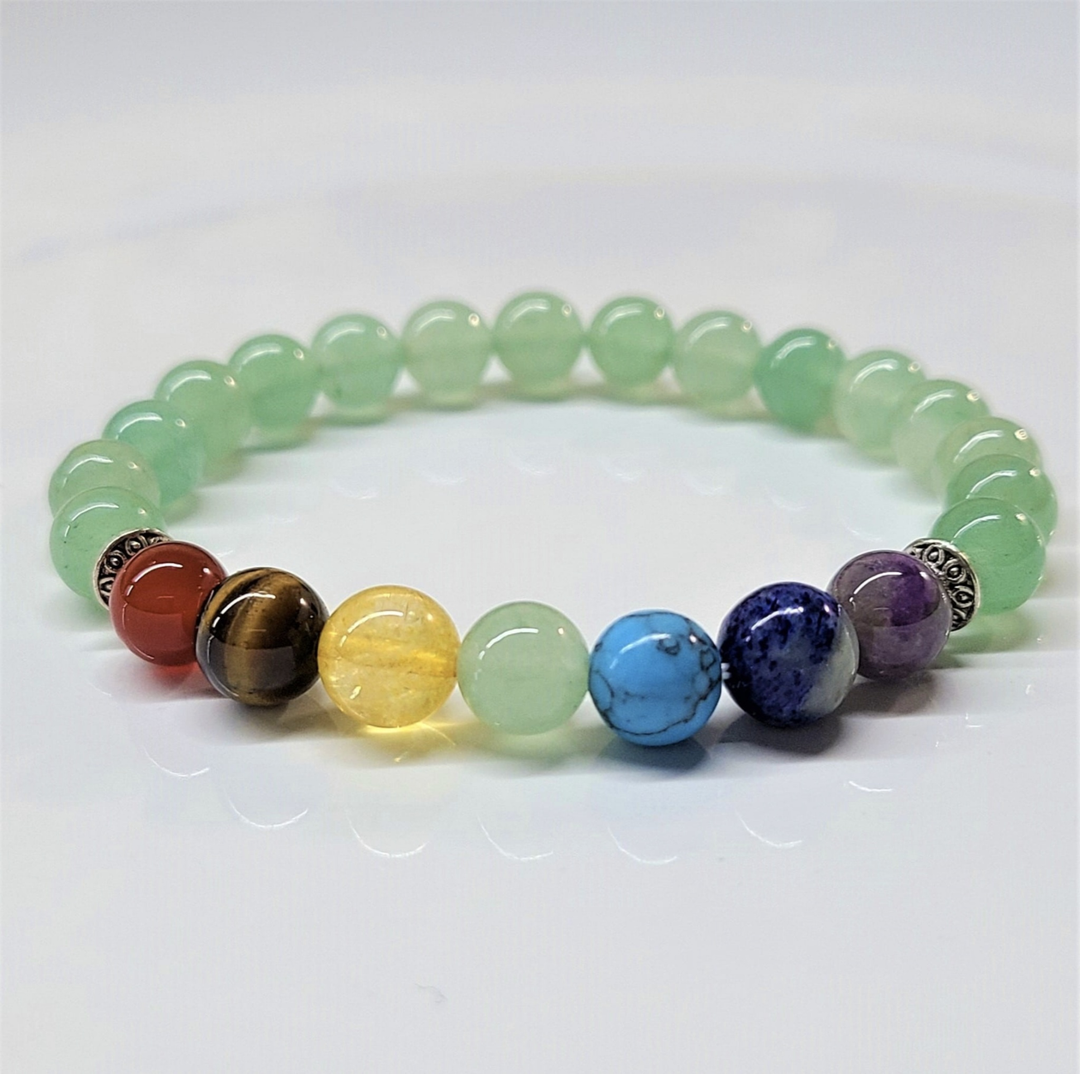 Green Aventurine Chakra bracelet with round 8mm beads featuring seven colorful chakra stones for balance and spiritual growth