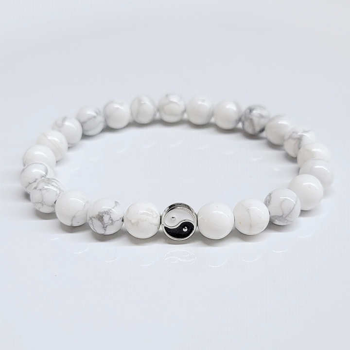 White Howlite Yin Yang round bead bracelet with 8mm beads for balance and harmony