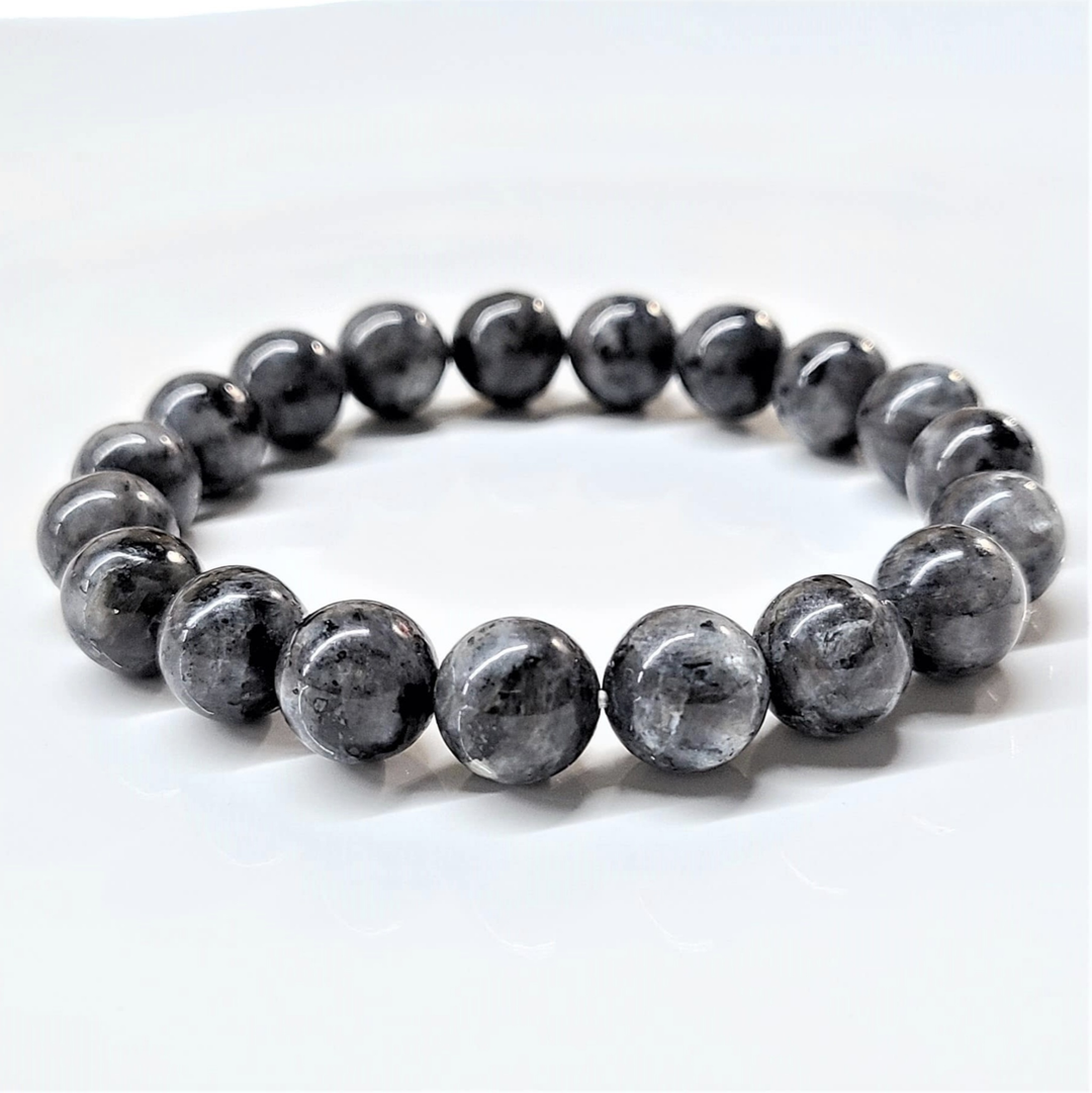 Larvikite round bead stackable bracelet with polished dark gray stones and subtle blue flashes