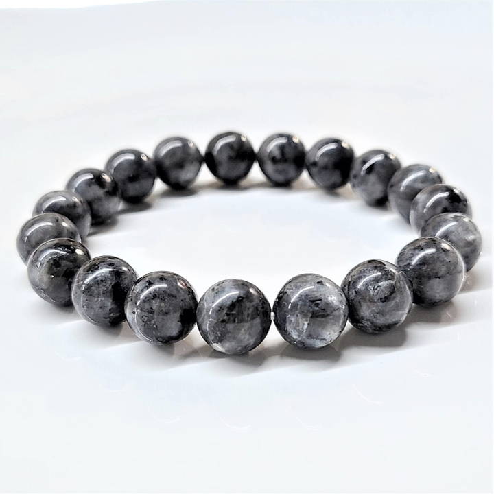 Larvikite round bead stackable bracelet with polished dark gray stones and subtle blue flashes