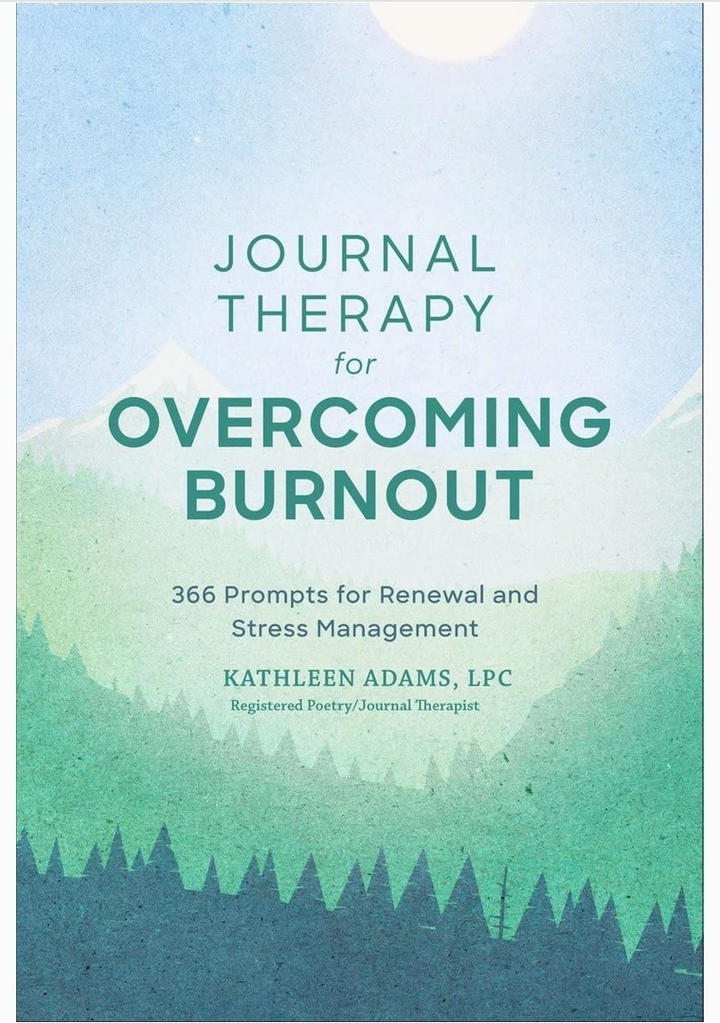 Book cover for "Journal Therapy for Overcoming Burnout" featuring a serene mountain landscape.