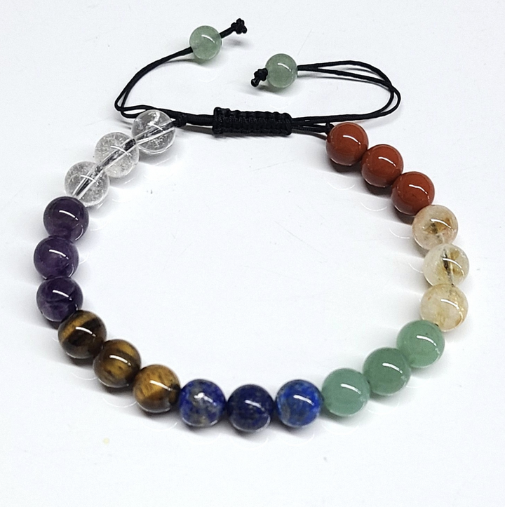 Chakras adjustable bracelet with multicolored 8mm round beads and black adjustable cord
