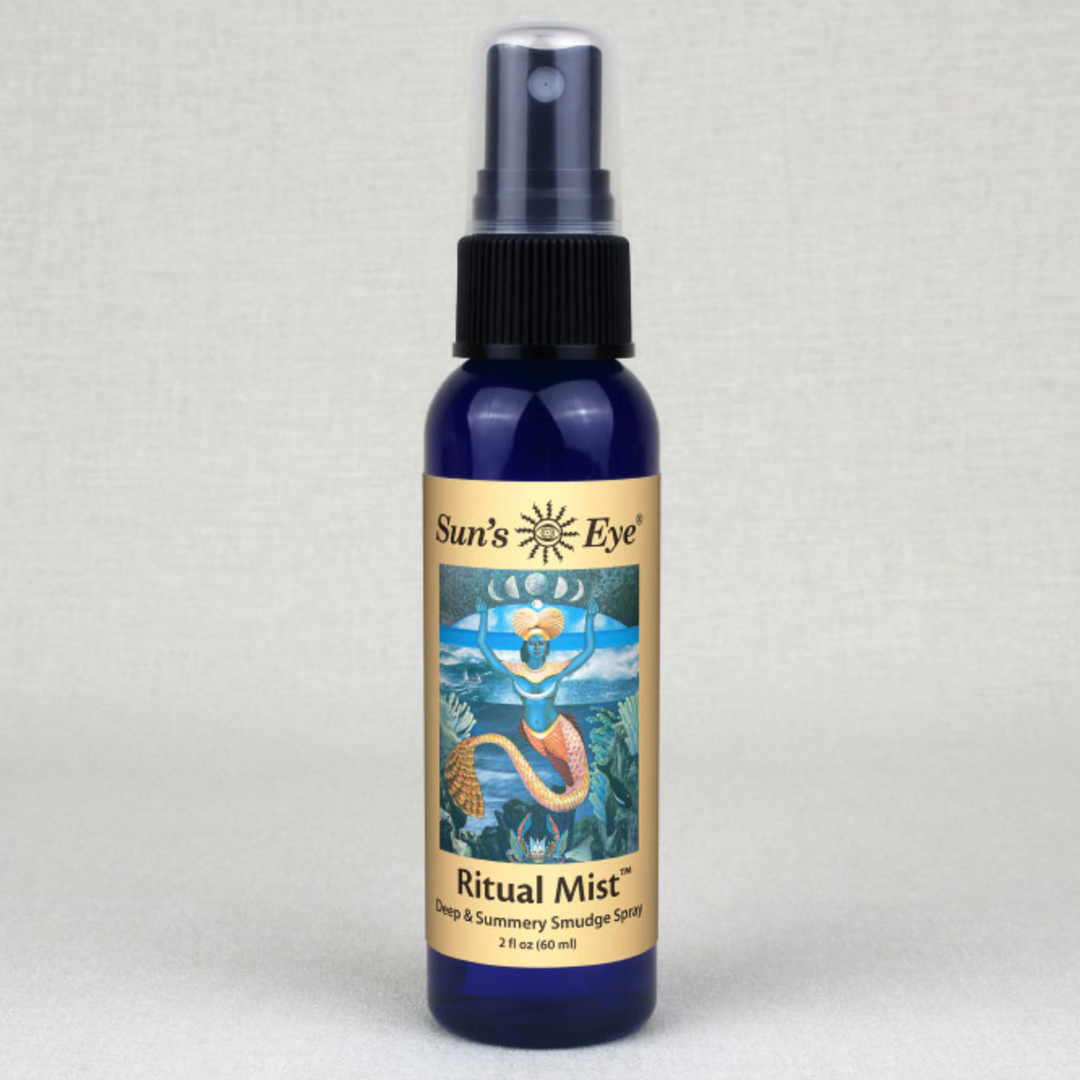 Blue 2 oz Ritual Mist Spray bottle with black spray cap and decorative label featuring a mermaid illustration by Sun's Eye