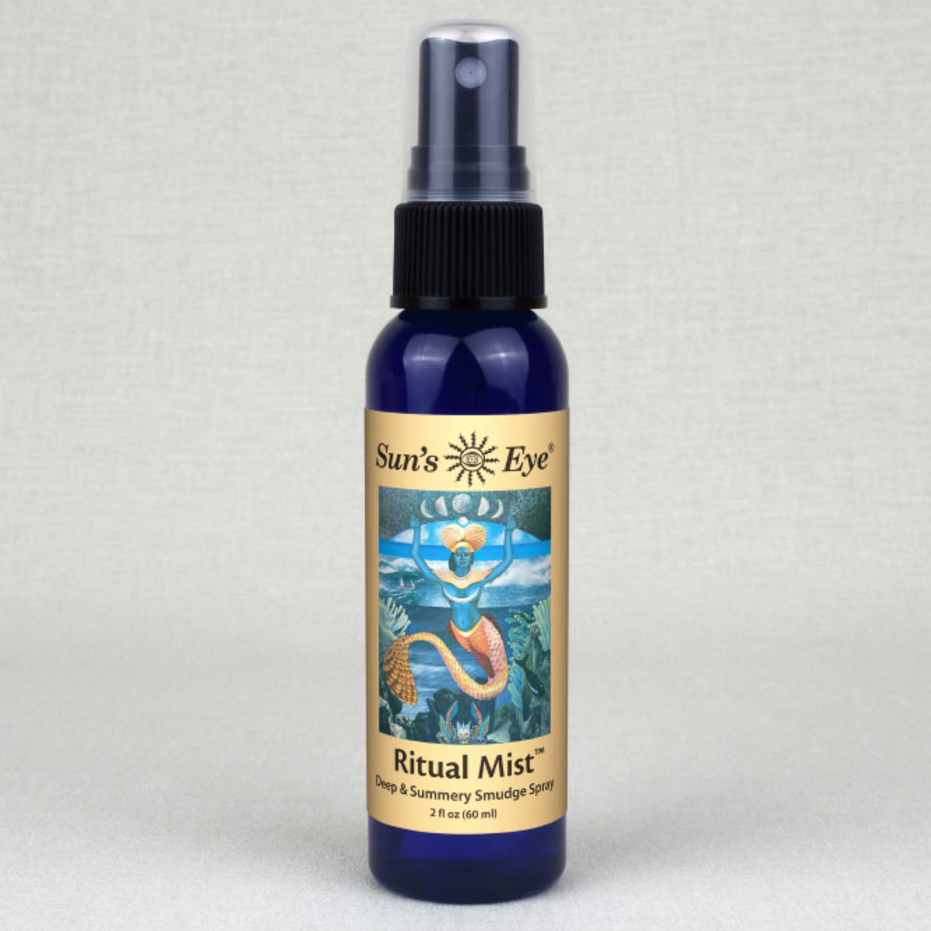 Blue 2 oz Ritual Mist Spray bottle with black spray cap and decorative label featuring a mermaid illustration by Sun's Eye