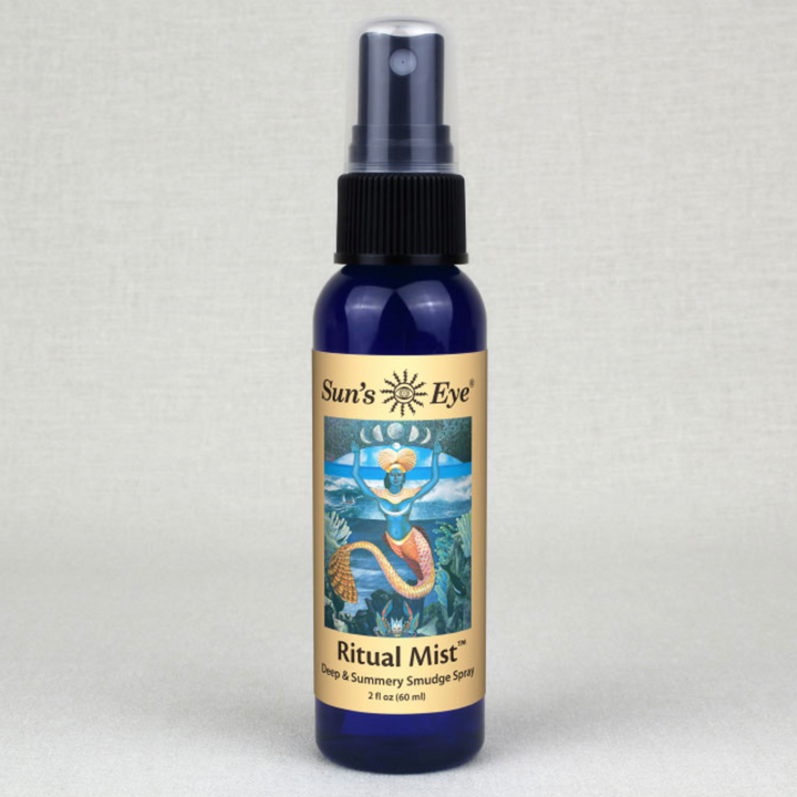 Blue 2 oz Ritual Mist Spray bottle with black spray cap and decorative label featuring a mermaid illustration by Sun&