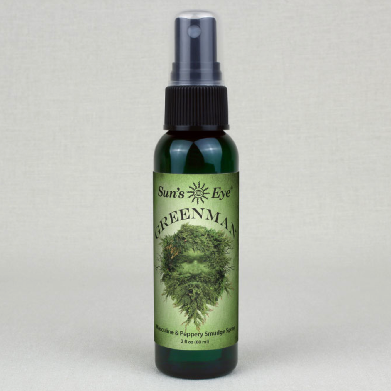 Greenman Spray 2 oz aromatherapy mist with masculine, spicy, and musky scent in a green bottle with black spray cap