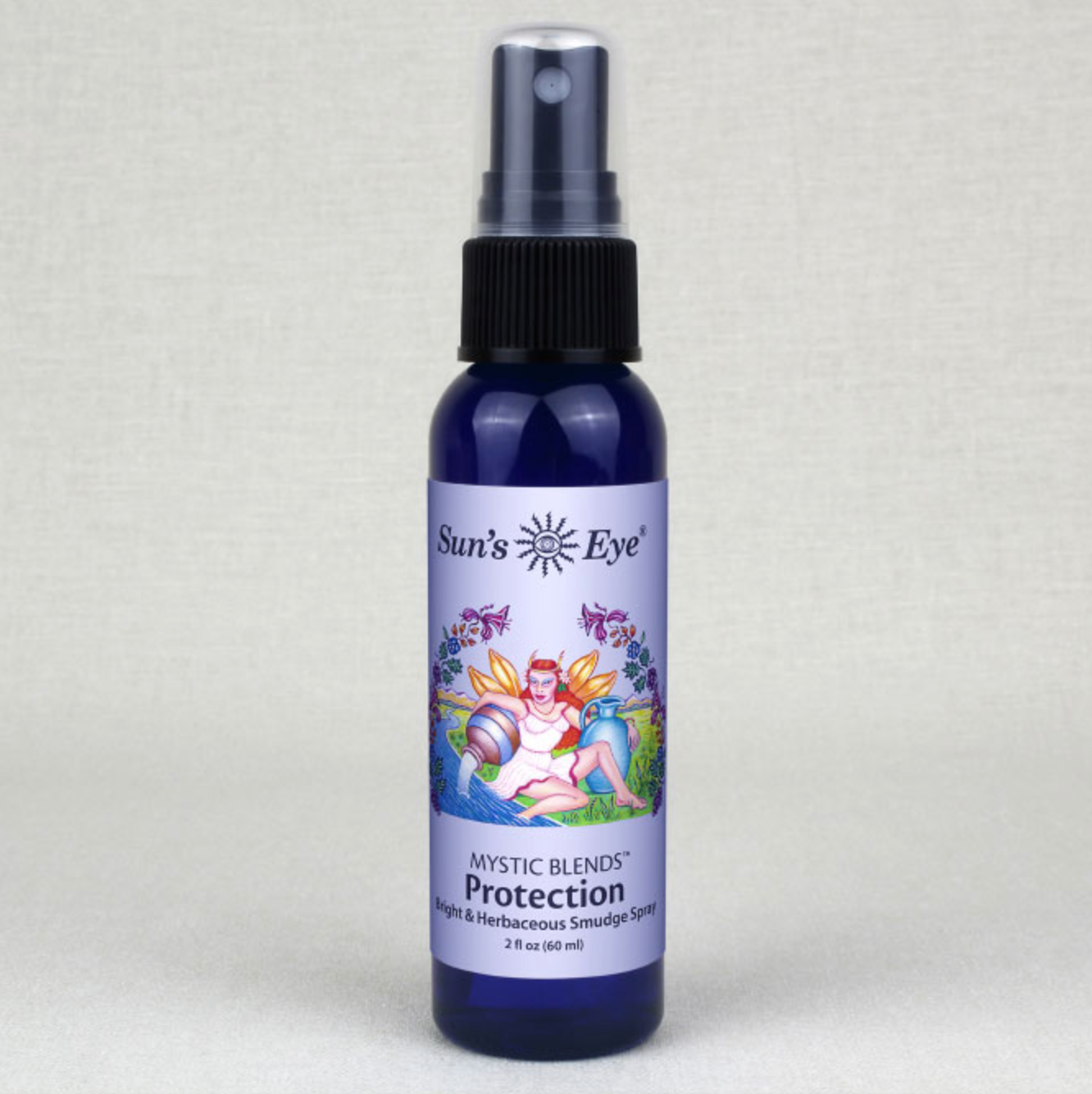 Sun's Eye Protection Spray 2 oz blue bottle with black spray top and colorful mystical label on light gray background