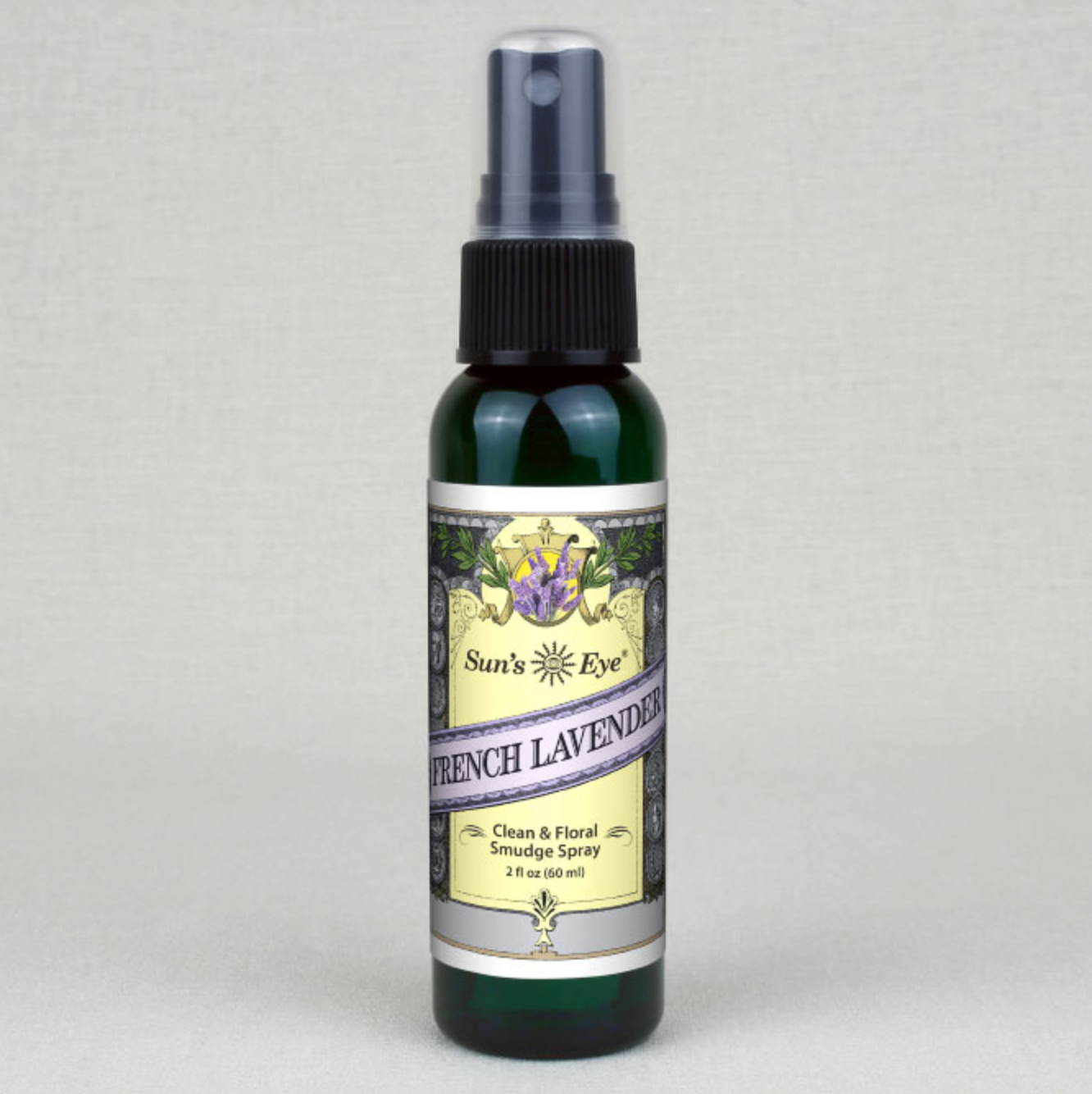2 oz bottle of French Lavender Mist Spray aromatherapy with floral label and black spray cap
