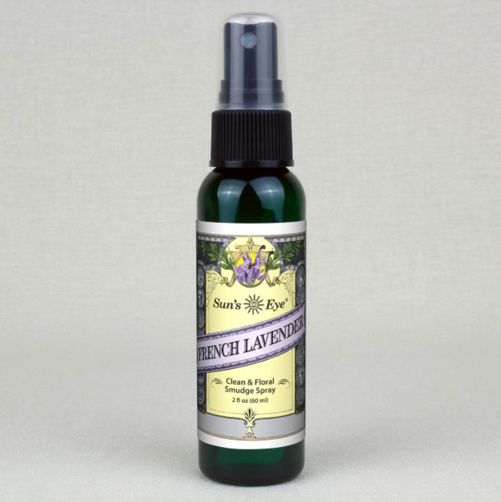 2 oz bottle of French Lavender Mist Spray aromatherapy with floral label and black spray cap
