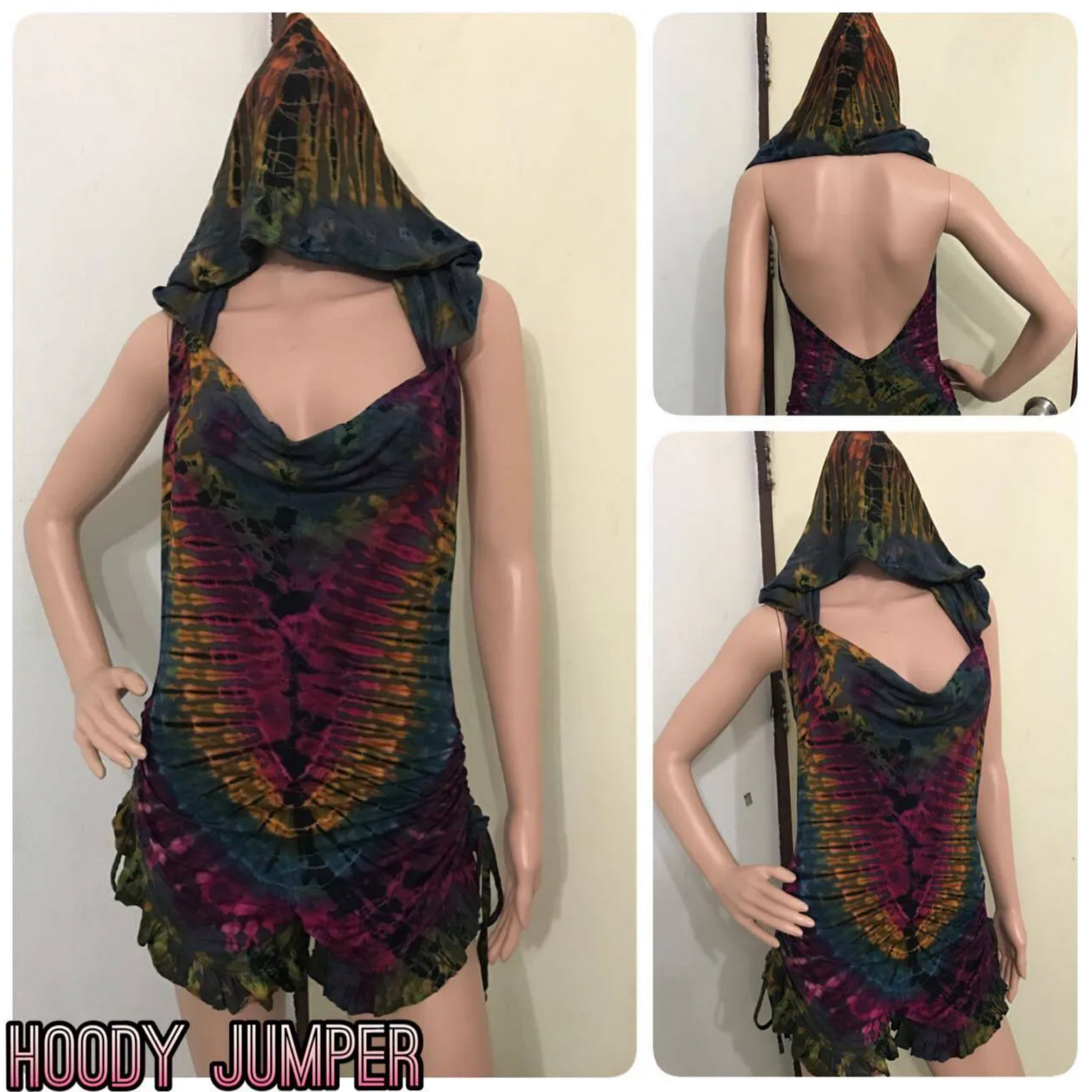 Tie-dyed spandex romper hoodie jumper with unique vibrant colors and a draped hood, front and back view on mannequin.