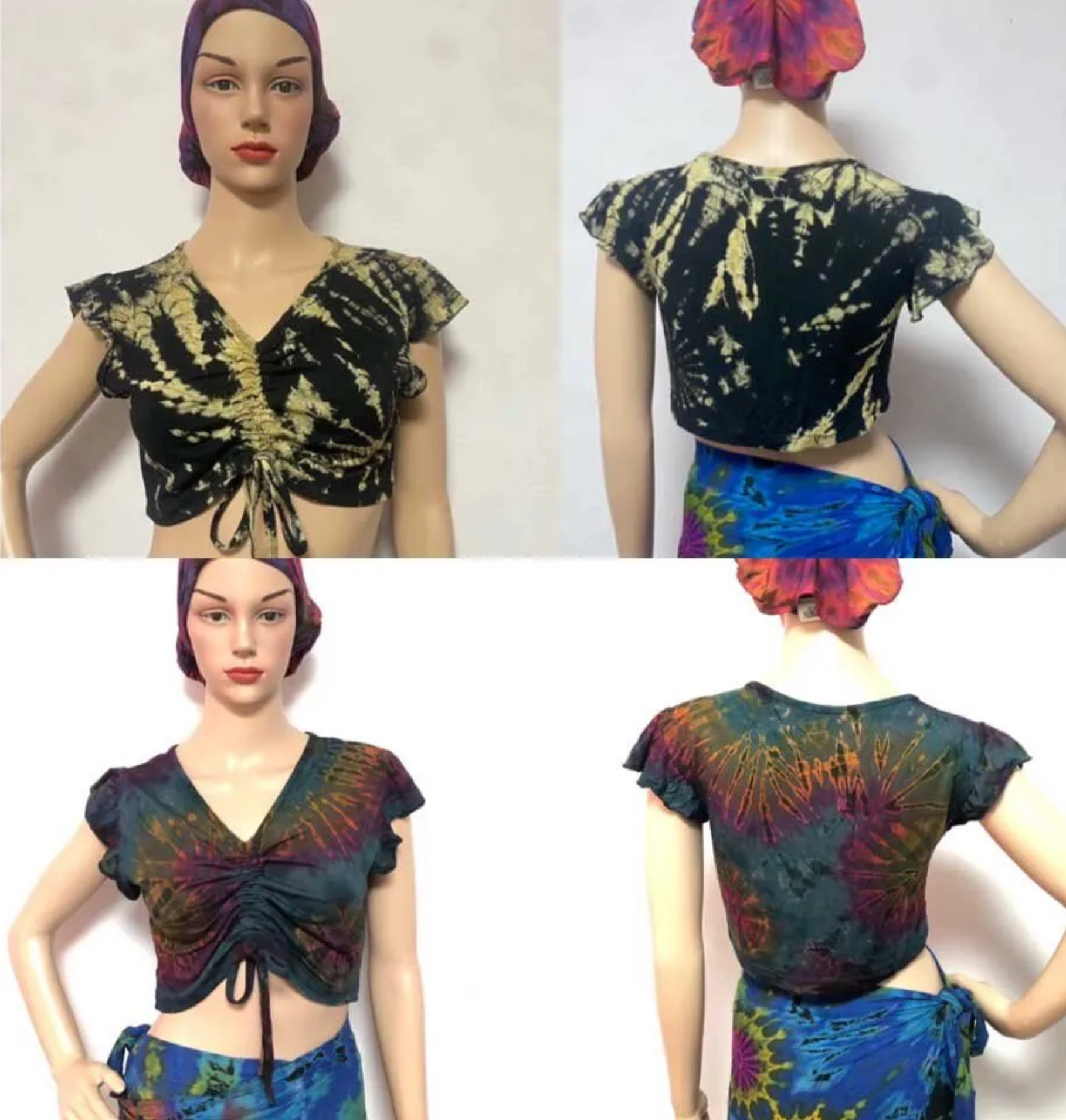 Handmade tie-dye ruched spandex crop top with V-neck and adjustable front tie, boho festival style.