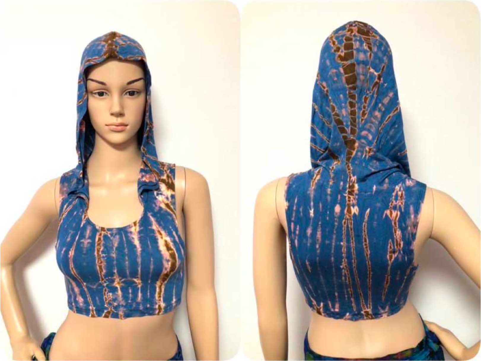 Blue and brown tie-dye hooded spandex crop top displayed front and back on mannequin for festival and yoga wear