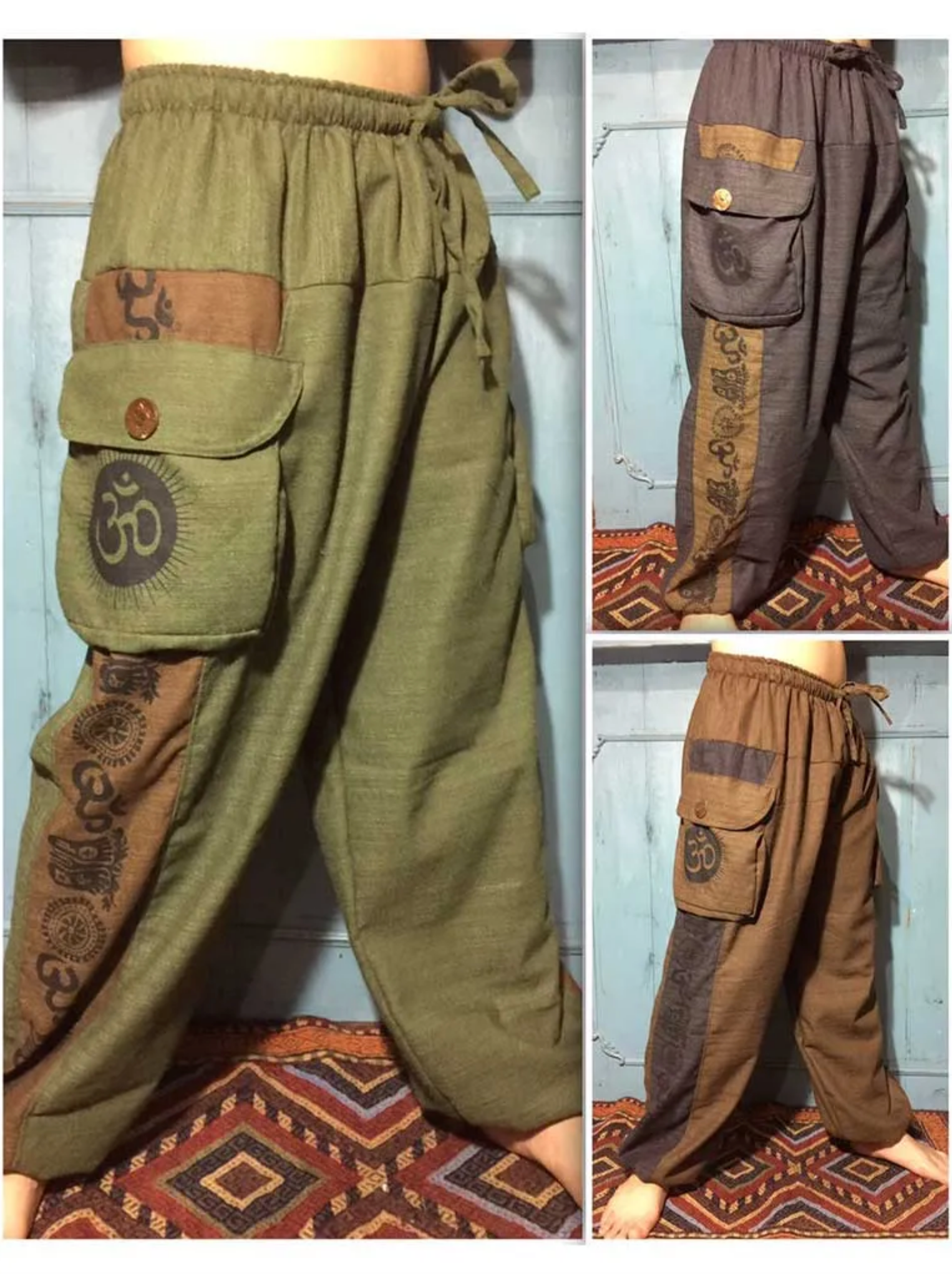 Unisex cotton Om cargo pants with adjustable waist and spacious pockets for yoga and casual wear
