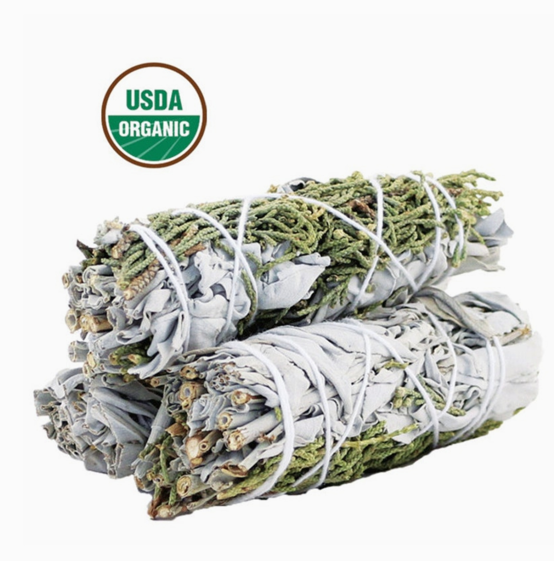 Handcrafted 4-inch USDA organic white sage and juniper smudge sticks tied with white string for cleansing and protection rituals