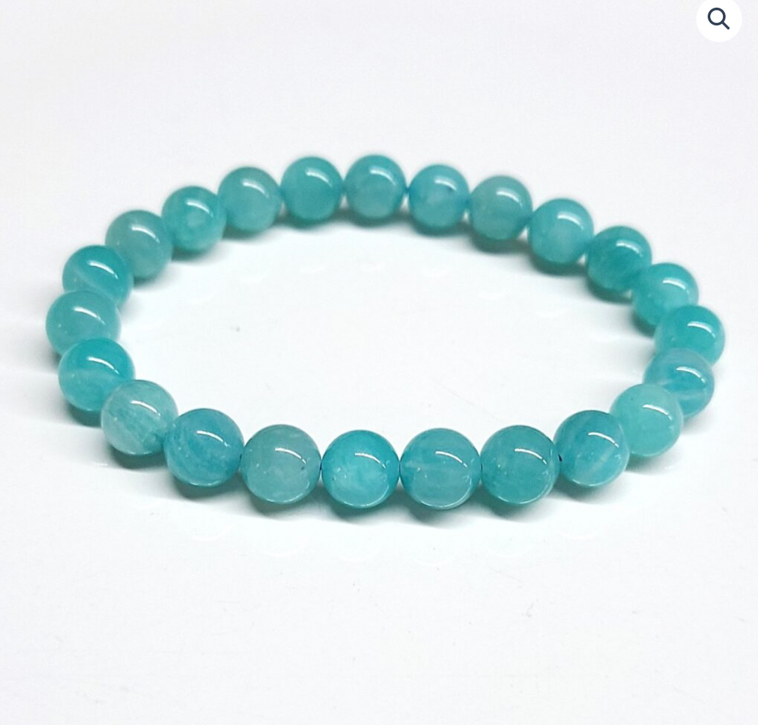 Amazonite (AA) round bead stackable bracelet with 8mm polished blue-green stones for calming and truthful energy
