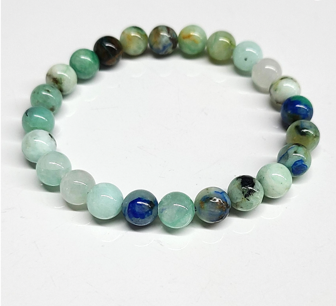 Azurite stackable bracelet with 8mm round beads in various shades of blue and green
