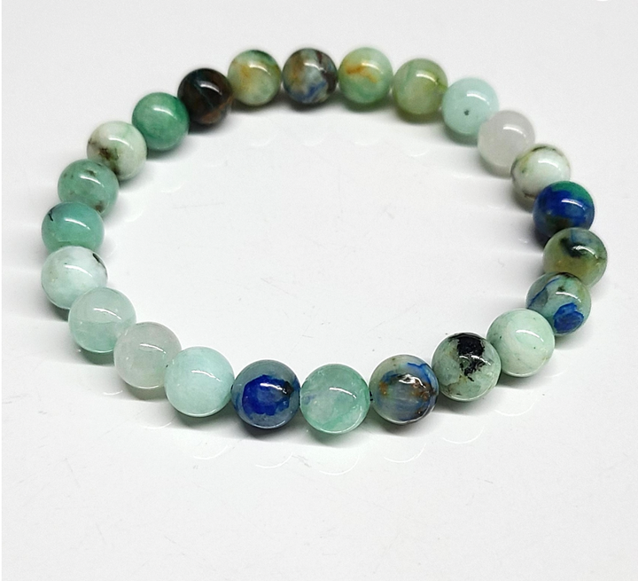 Azurite stackable bracelet with 8mm round beads in various shades of blue and green