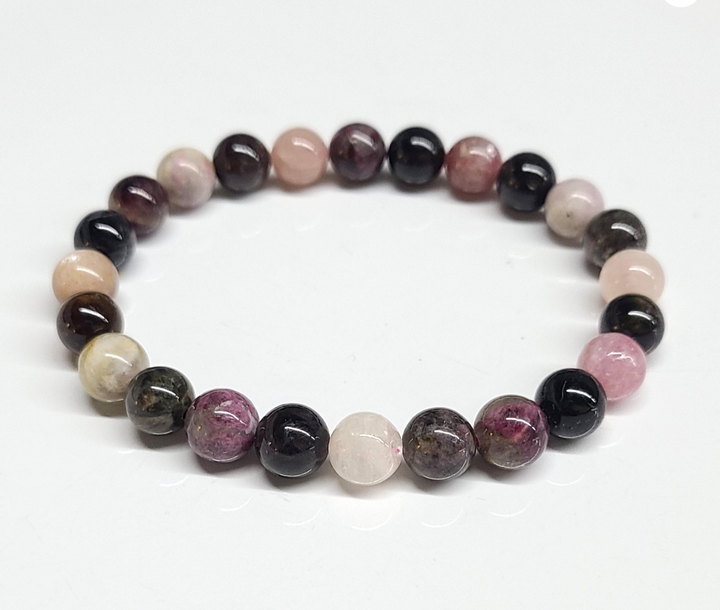 Multi-tourmaline stackable bracelet with 8mm round beads in mixed natural colors