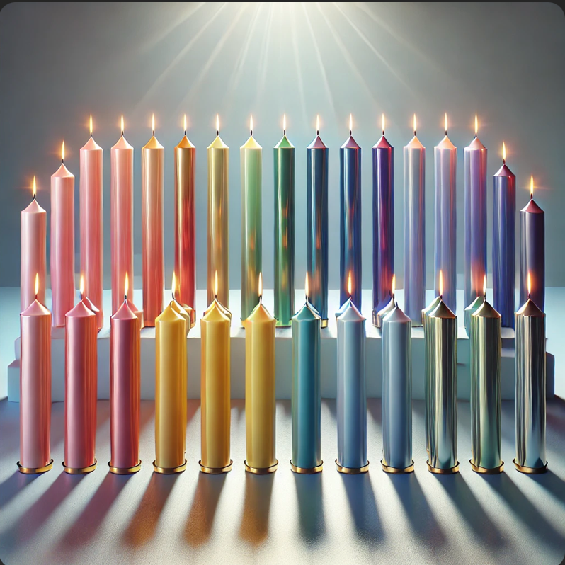 Sacred Spectrum colorful burning chime candle collection with 4-inch tall candles arranged in a spectrum pattern