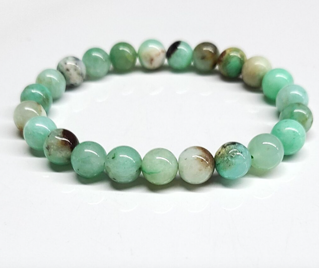 Chrysoprase bracelet with smooth 8mm round green beads for heart healing and abundance.
