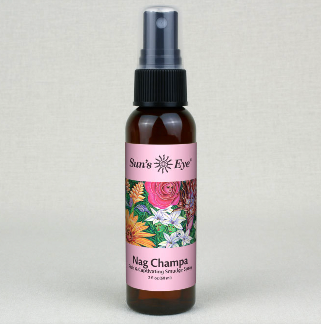 Nag Champa Mist Spray 2 oz bottle with a colorful floral label design.