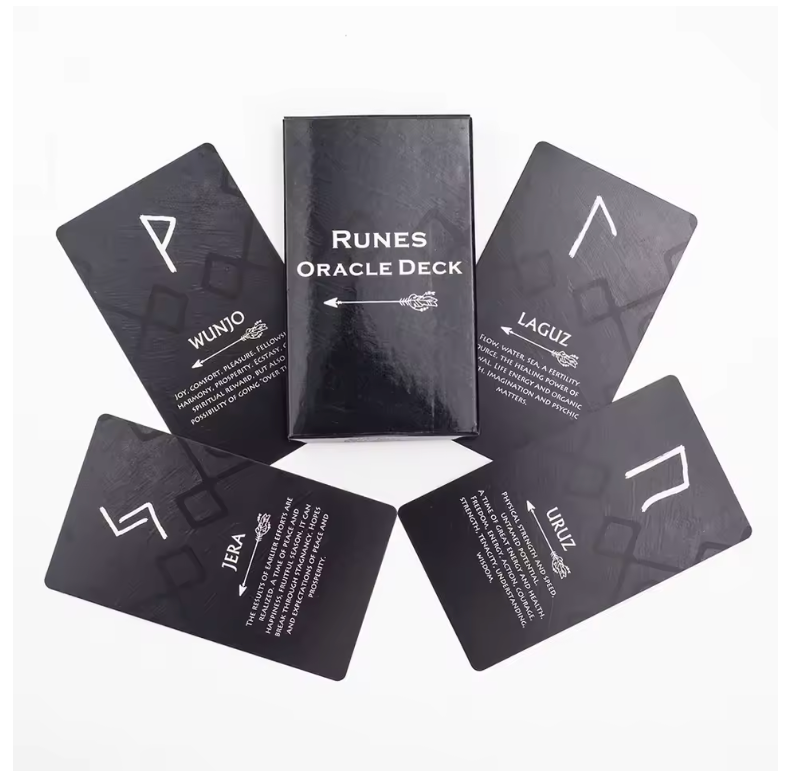 Pocket Rune Oracle Deck with black cards featuring rune symbols and meanings for oracle card fate divination and entertainment.