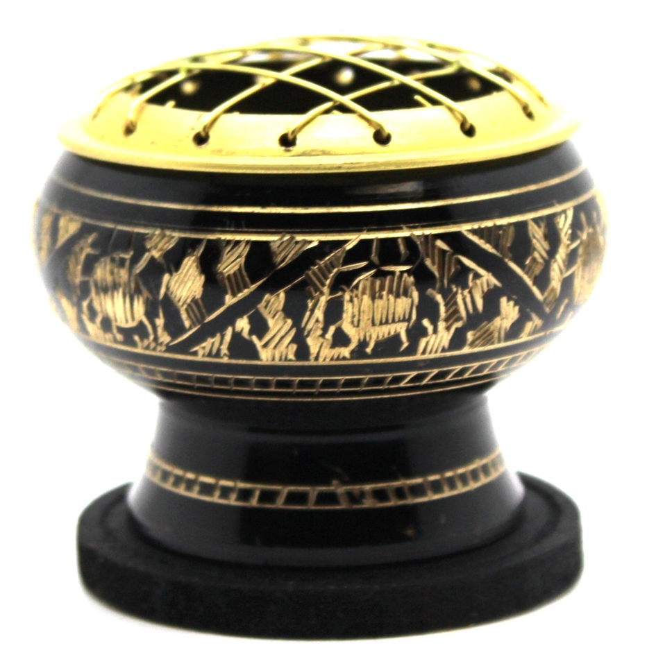 Black finish engraved Brass Screen Charcoal Burner with Wood Coaster