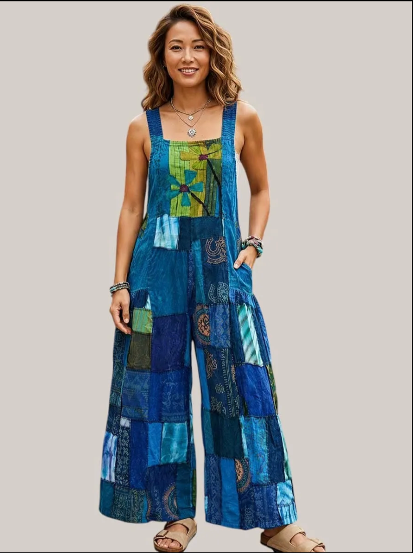 Cotton Patchwork Flower Bib Wide Leg Jumpsuit