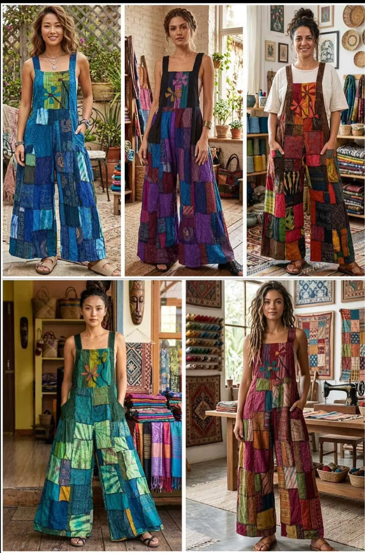 Cotton Patchwork Flower Bib Wide Leg Jumpsuit