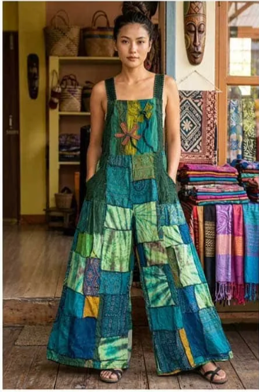 Cotton Patchwork Flower Bib Wide Leg Jumpsuit