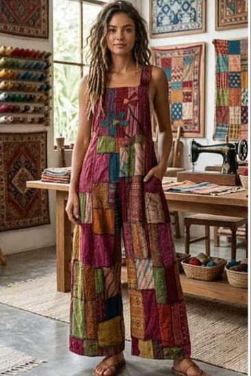 Cotton Patchwork Flower Bib Wide Leg Jumpsuit