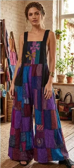 Cotton Patchwork Flower Bib Wide Leg Jumpsuit