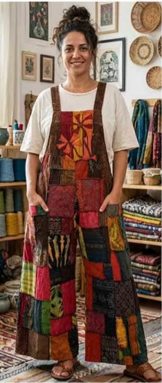 Cotton Patchwork Flower Bib Wide Leg Jumpsuit