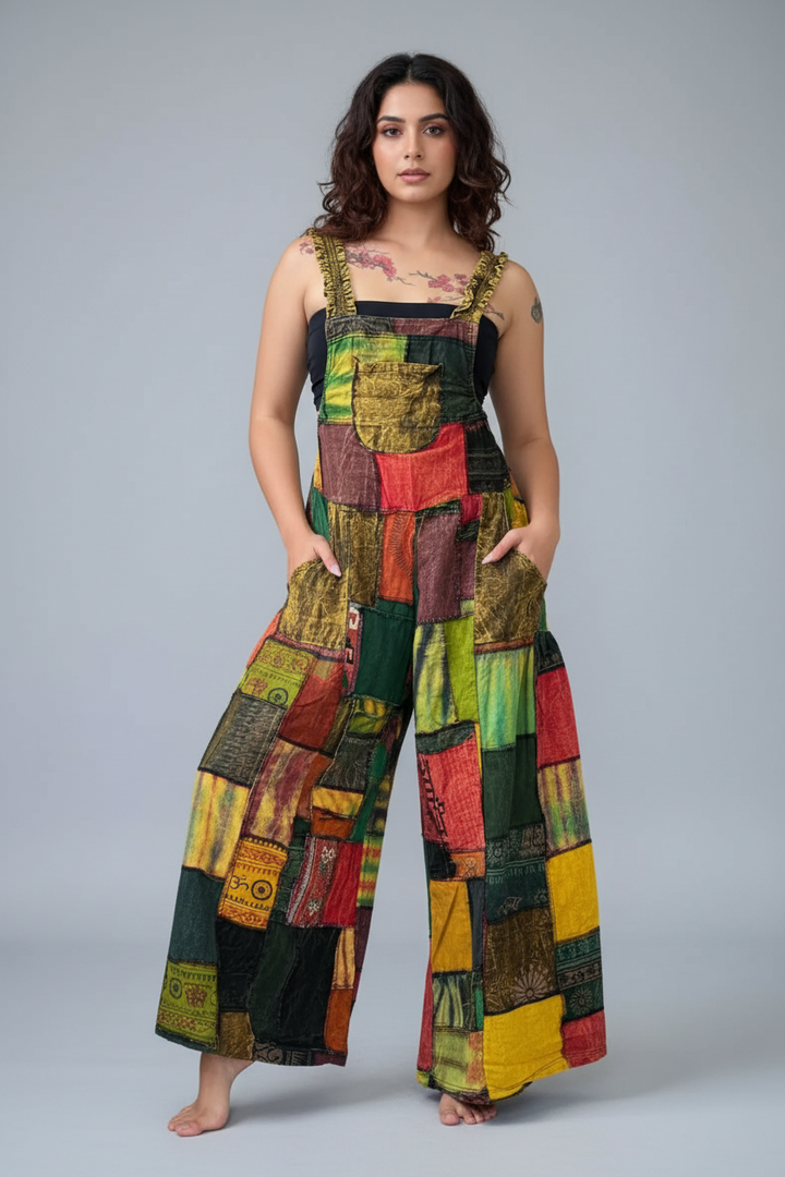 Cotton Patchwork Wide Leg Jumpsuit