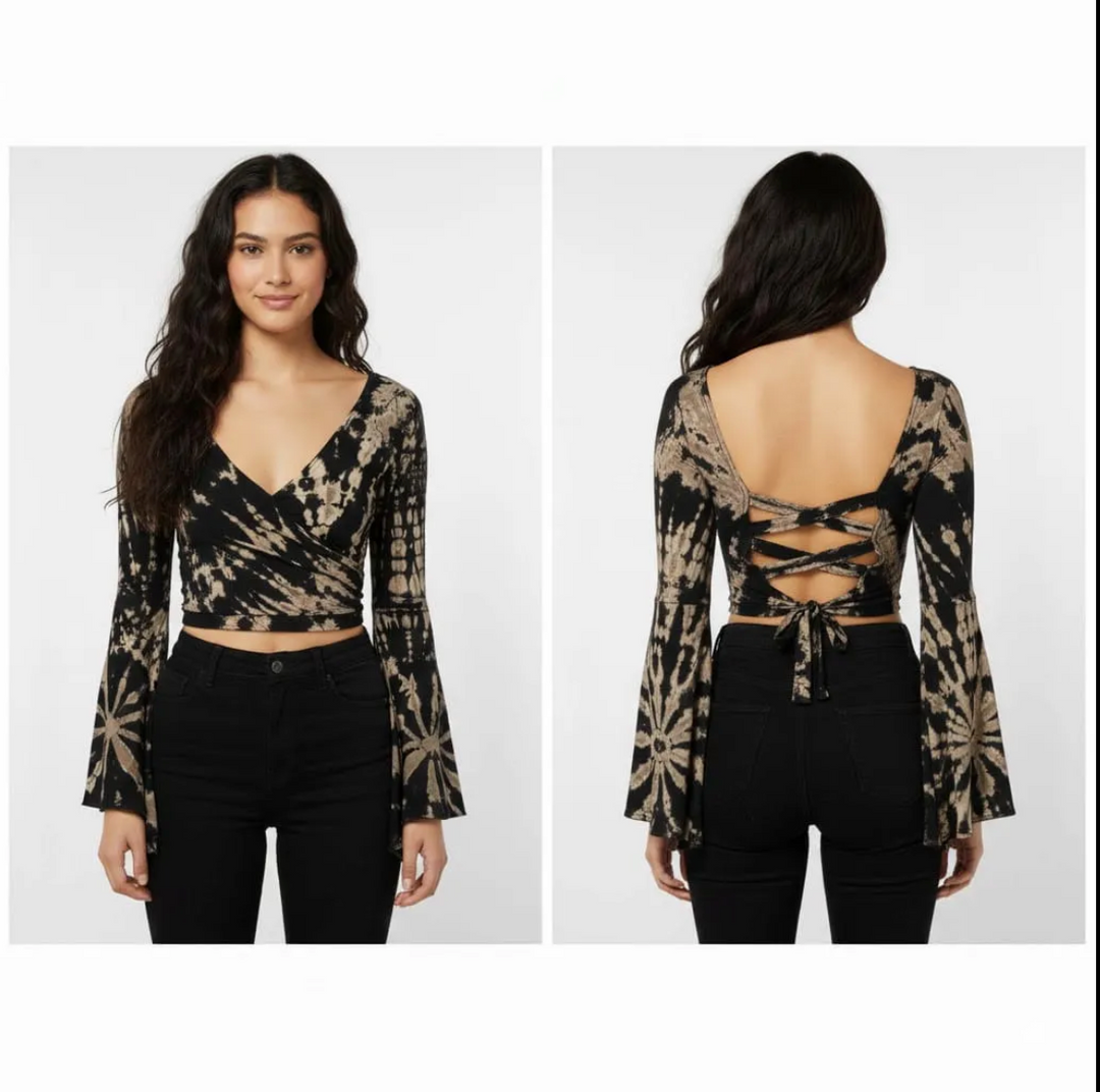 Tie Dye Bell Sleeve Cross Back Top