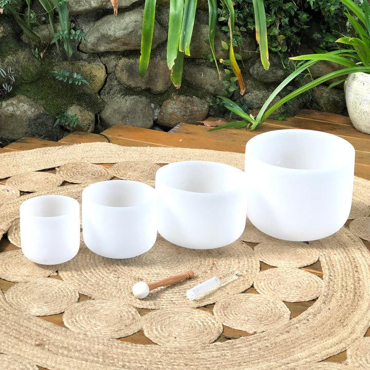 Set of 4 White Sound Therapy Bowls in Beige Carry Case