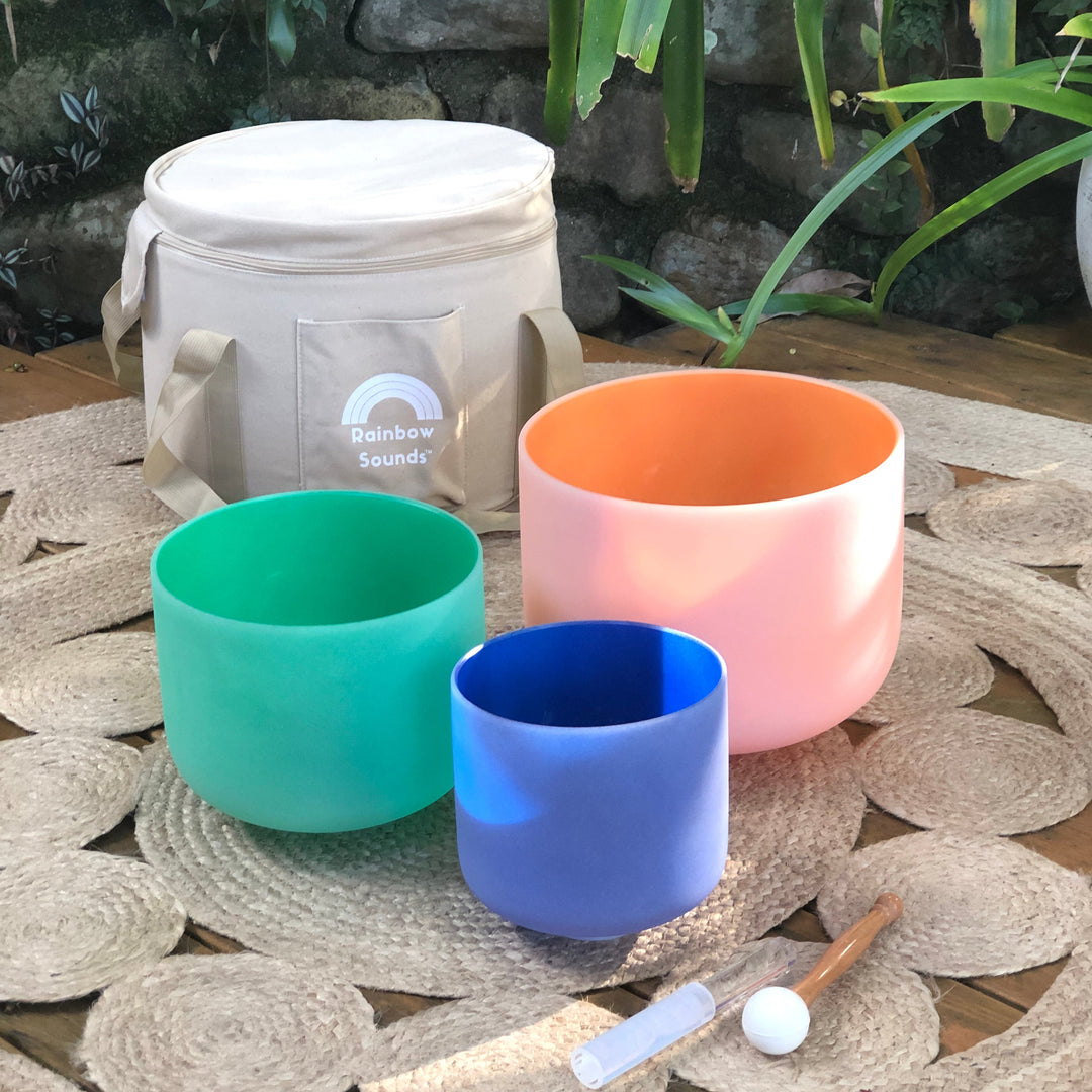Set of 3 Rainbow Color Sound Therapy Bowls in Beige Carry-On Case