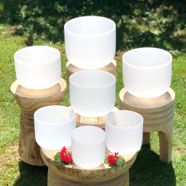 Set of 7 White Sound Therapy Bowls in Beige Carry-On Cases
