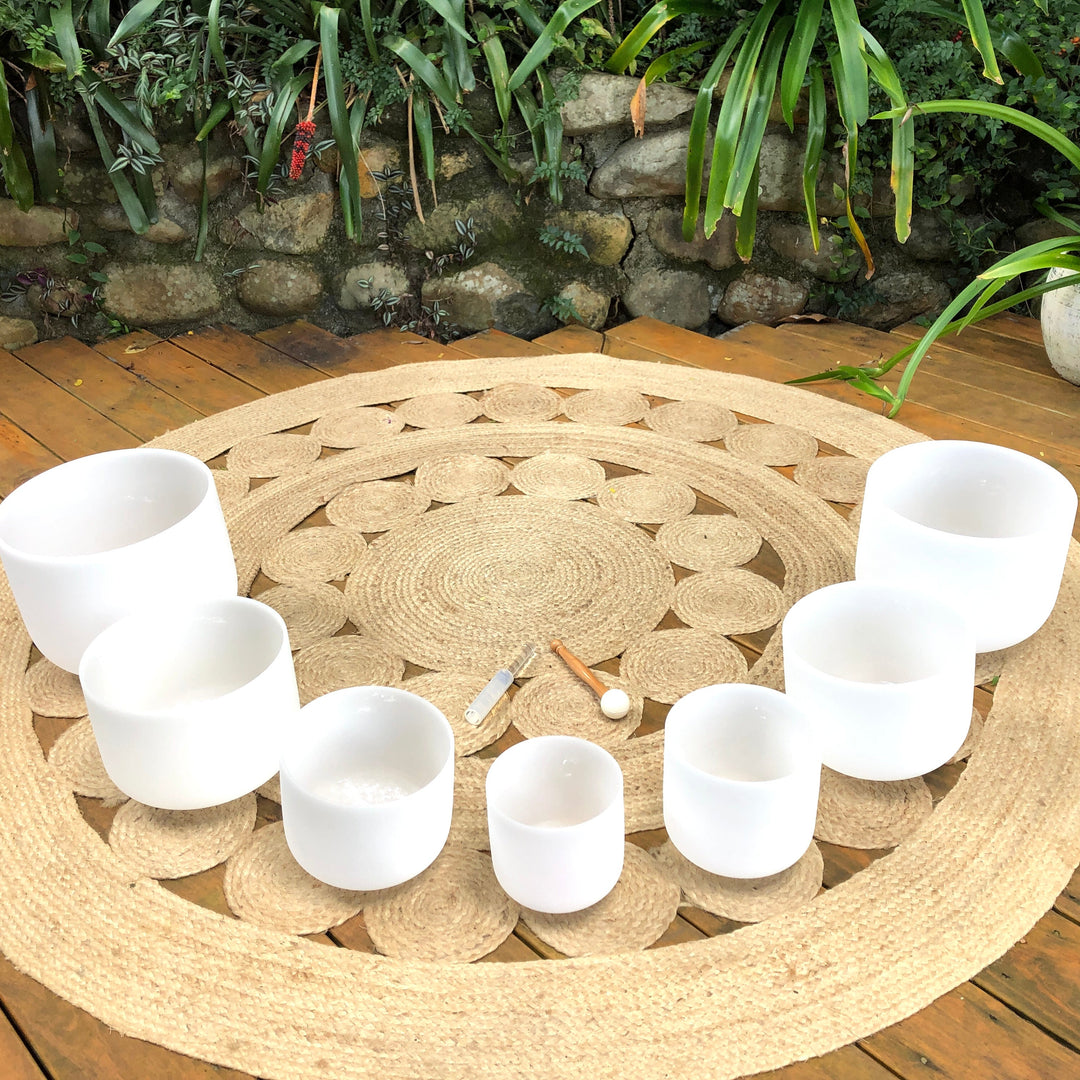 Set of 7 White Sound Therapy Bowls in Beige Carry-On Cases