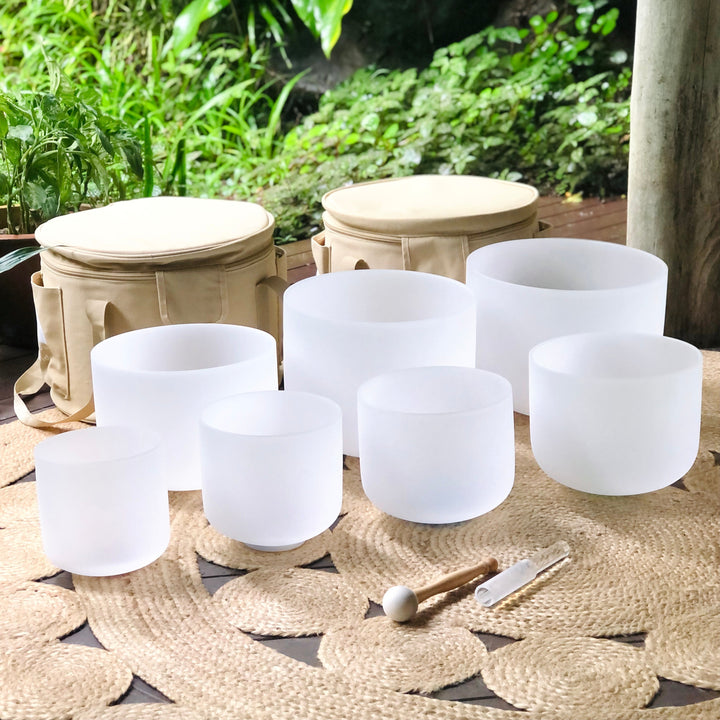 Set of 7 White Sound Therapy Bowls in Beige Carry-On Cases